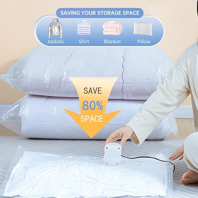 10 Jumbo Vacuum Storage Bags, Vacuum Seal Bags for Clothing, Pillows, Comforters, Blankets, Space Saver Bags with Electric Pump