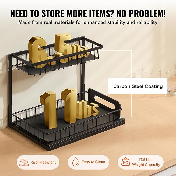 VEVOR 2 Tier Pull Out Cabinet Organizer(10.7" W x 14.2" D), Under Sink Organizer and Storage, Slide Out Drawer Cabinet Organizer, Wire Basket Sliding Shelf Storage for Kitchen Bathroom Cabinet, Black