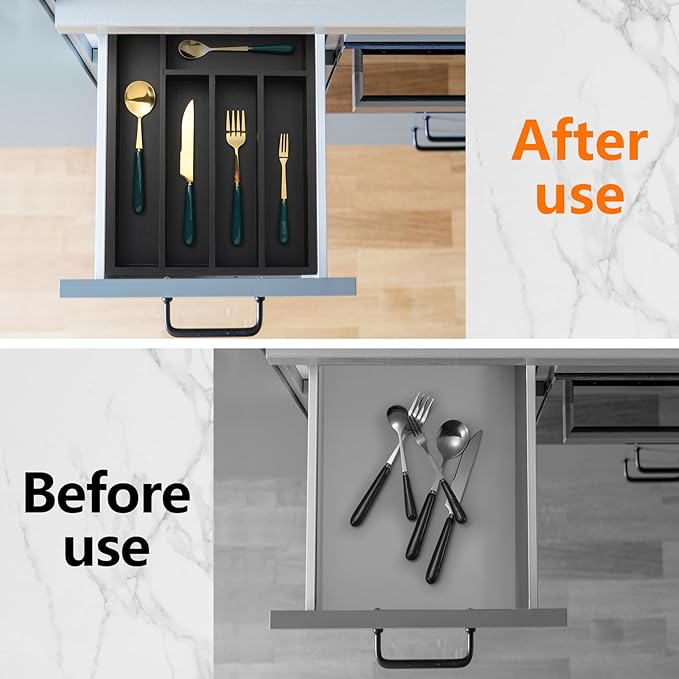 Bamboo Silverware Drawer Organizer with Labels,Kitchen Small Narrow Utensil Drawer Organizer,Kitchen Utensil Tray Holder Organizer for Flatware,Cutlery,Spoon,Knives Drawer Organization (Black, Large)