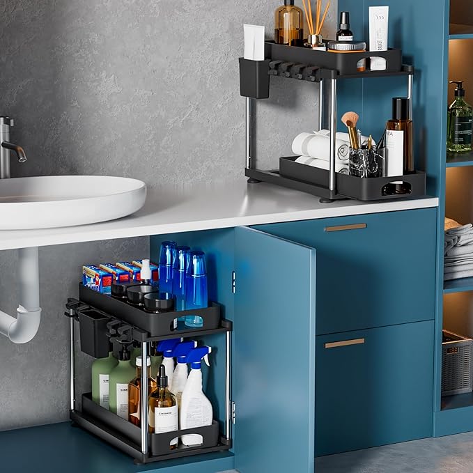2 Pack Under Sink Organizer, 2 Tier Under Sink Organizers and Storage for Kitchen Bathroom, Height Adjustable Cabinet Organizer with Two Slide-Out Drawers,Black