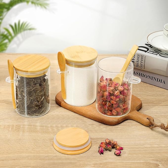Qikuver 3 pack 18oz Airtight Glass Storage Canister with Bamboo Lids and Spoons Scoop, Food Glass Jars, Kitchen Organization Jar Set for Coffee Beans, Tea, Flour, Salt, Nuts, Candy, Cookie and More