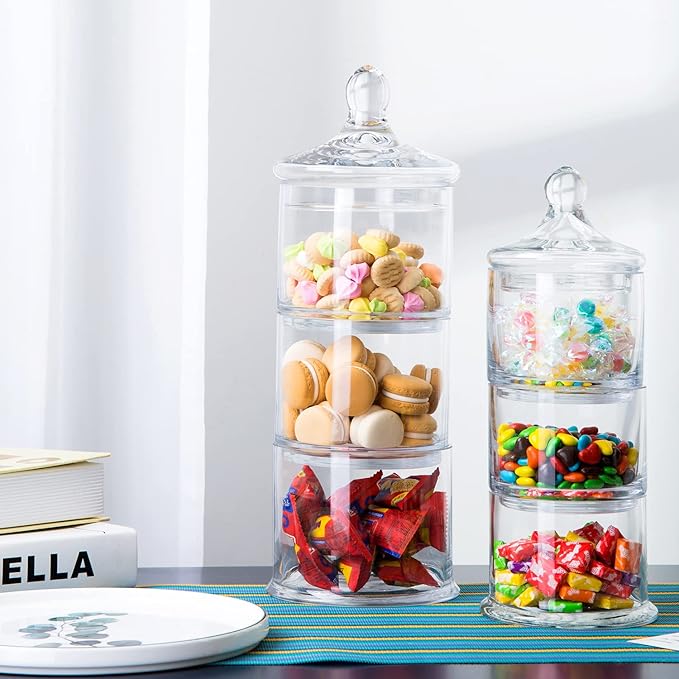 Diamond Star 14.5" 3 Tier Decorative Round Glass Storage Jars with Lids, Decorative Round Stackable Snack Storage Canister with Lid for Sweets, Animal Treats, Nuts, Coffee Bean and Building Blocks