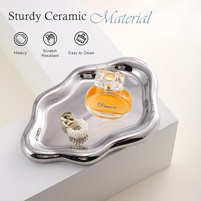 Ceramic Jewelry Tray Trinket Dish, Decorative Cloud Vanity Key Tray for Women, Ring Holder Dish, Cute Jewelry Plate Bowl Room Decor Aesthetic, Silver, Large