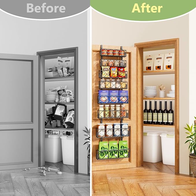 Over the Door Pantry Organizer 8-Tier Adjustable Baskets Hanging Spice Door Rack Narrow - 13.78" W x 65.16" H Behind the Door Storage for Kitchen, Bathroom, and Closet Organization- Black
