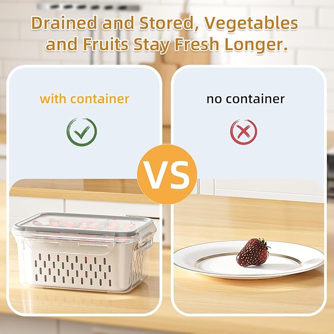 6 Pcs Large Fruit Containers For Fridge, Airtight Food Storage Containers with Removable Colander, Dishwasher & Microwave Safe, Berry Produce Container Keep Vegetable, Fruit, Meat Fresh Longer