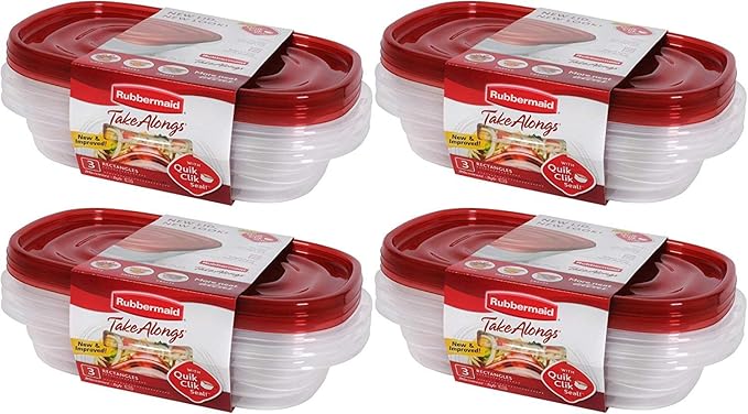Rubbermaid Take Alongs Food Storage Container, 4-Cup Rectangle, Set of 12, (12 Pack), Red