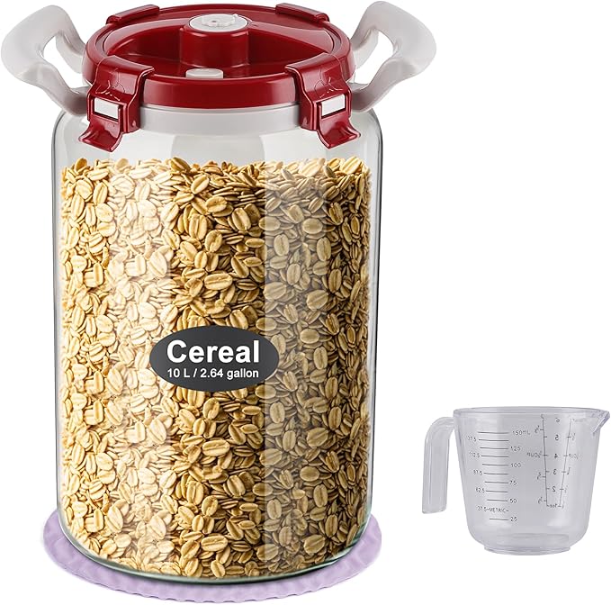 10L Glass Cereal Containers Storage Airtight with Lid: Premium Cereal Dispenser for Pantry - Non-Toxic & BPA-Free Large Canister for Dry Goods, Grain, Baking Containers Storage Set for Kitchen