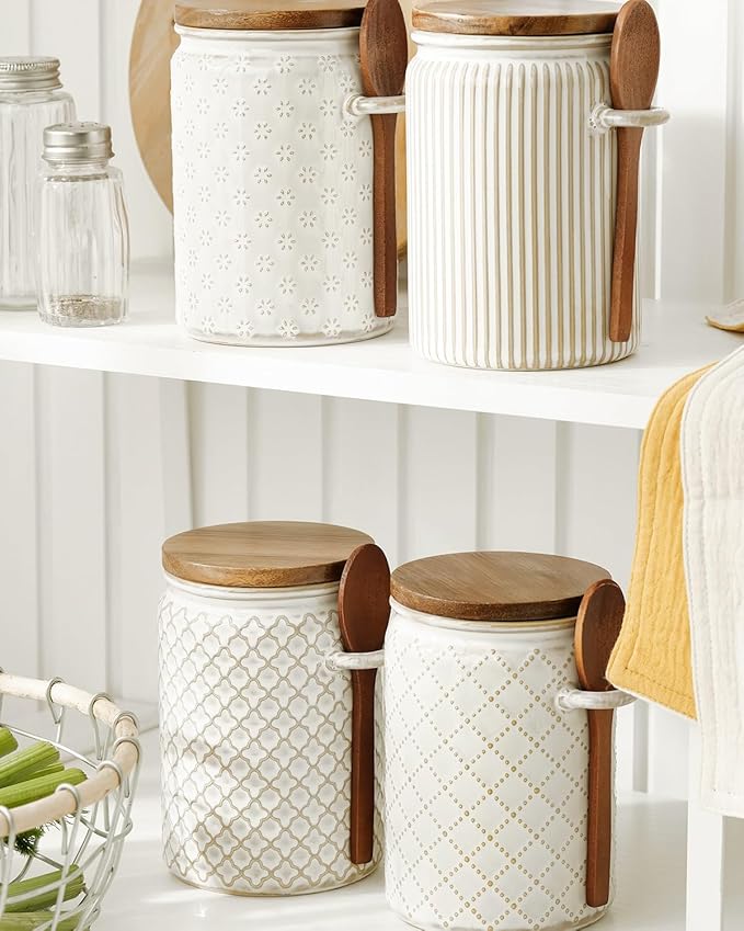 getstar Canisters Sets for the Kitchen, 20 oz Flour Sugar Storage Containers, Ceramic Kitchen Canisters for Countertop Set of 4 with Airtight Lids and Teaspoons