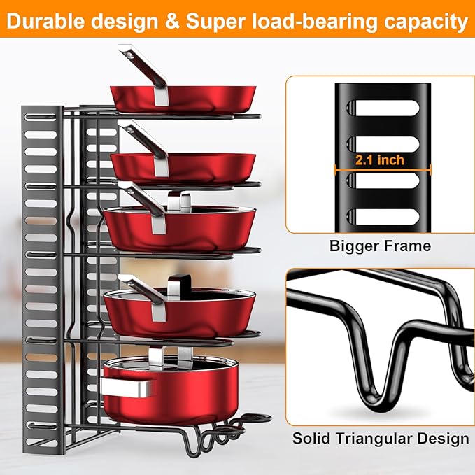 Pots and Pans Organizer for Cabinet with 2 Hooks, Adjustable Pot and Pan Organizer Rack for Cabinet 8 Tiers Durable Steel Construction Pot Rack Space Saving Kitchen Storage