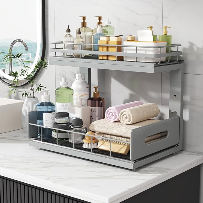 2 Pack Under Sink Organizer Upgrade to Professional Rails,2-Tier Dual Pull Out Cabinet Storage,Height Adjustable Slide Out Drawers for Bathroom Kitchen,Under Sink Shelf-Gray