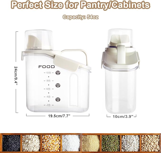 2 PCS Cereal Storage Containers, 1.5L/51oz Dry Food Rice Holder, Pet Dog Cat Food Dispenser with Measuring Cup, BPA Free Clear Plastic Kitchen Pantry Organization Bin, 1 Blue+1 White