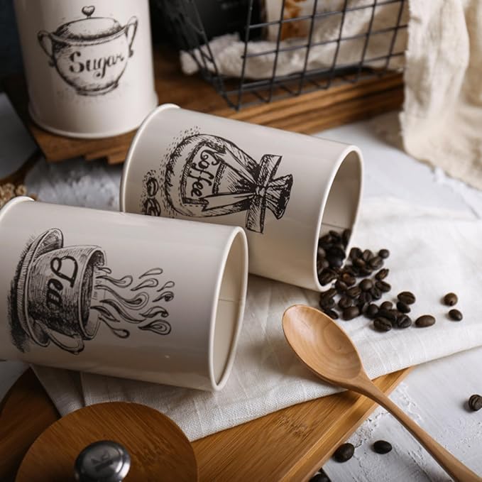 Youeon Small Canister Sets for Kitchen Counter, 25 Oz Coffee Sugar Tea Canister Set, Metal Vintage Kitchen Container 3 Pack, Food Storage Containers with Bamboo Lid, Farmhouse Decor, Beige
