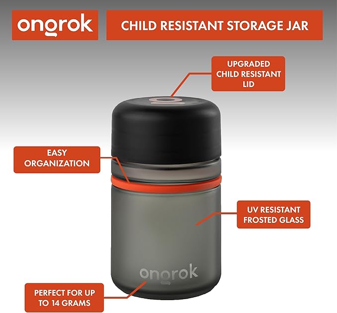 ONGROK Glass Storage Jar, 180ml, 3 Pack, UV Herb/Spice Jar with Child Resistant Lid, Color-Coded Glass Containers Air Proof to Preserve Smell and Aroma, Perfect Size to Store in a Drawer or Cupboard