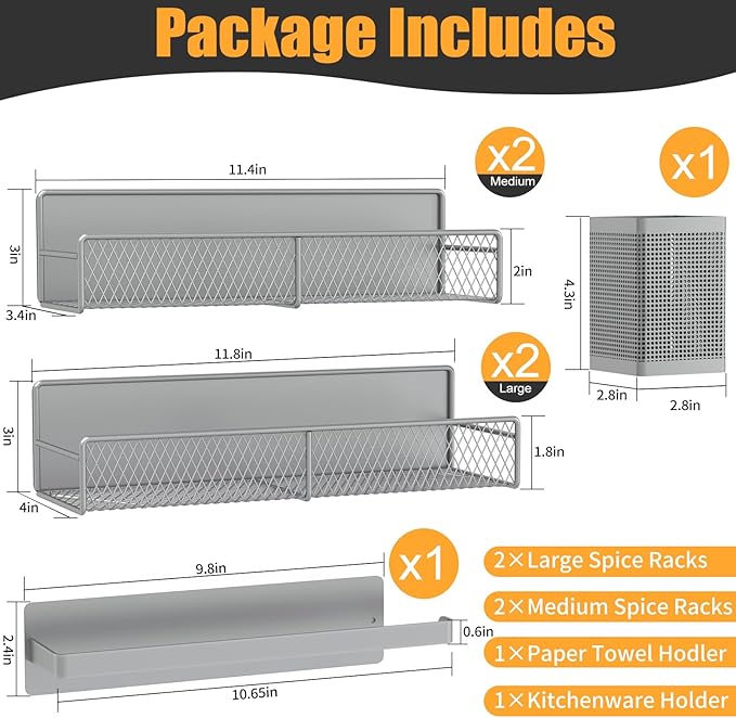 Magnetic Spice Rack for Refrigerator, 6 Pack Metal Magnetic Shelf Grey, Moveable Spice Organizer, Strong Magnetic Storage Fridge Organizer with Paper Towel Holder, Utensils Holder