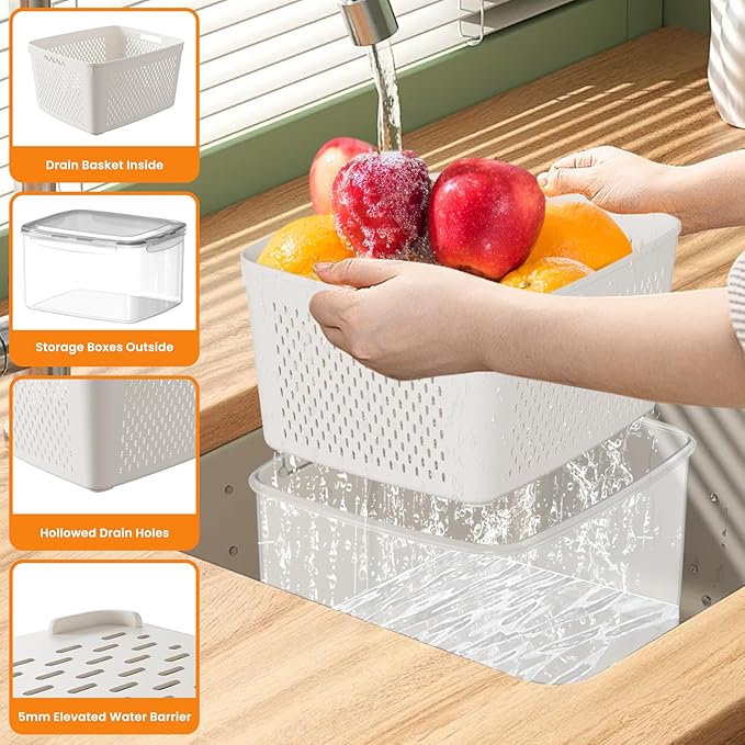Fruit Storage Containers for Fridge - 6PCS Food Storage Containers with Lids - Produce Containers for Fridge with Removable Colander - Keep Berry Fruit Vegetable Food Meat Fresh Longer