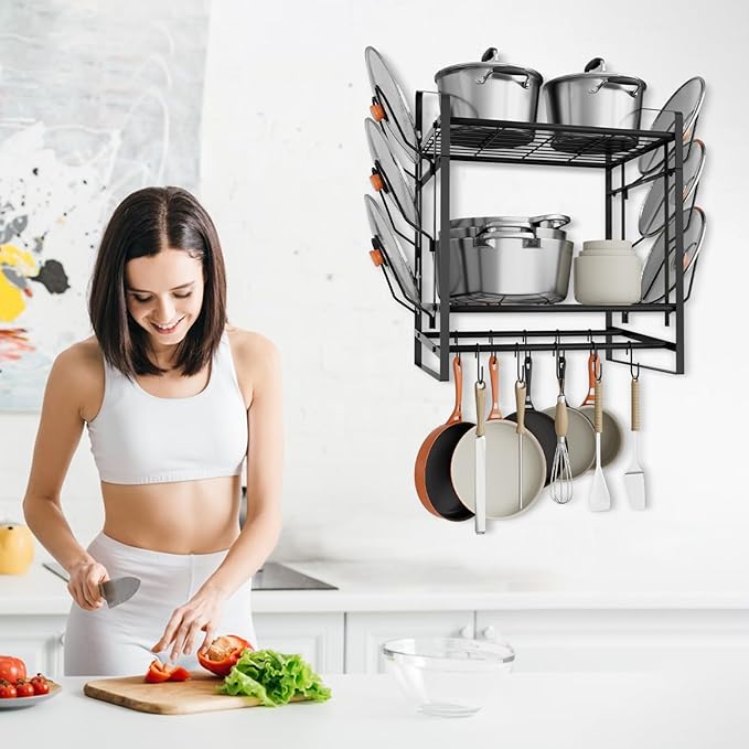 24 Inch Pot Rack Wall Mounted, 2 Tier Pots and Pans Organizer with 10 Hooks and 6 Pot Lid Holders, Heavy Duty Steel Pot and Pan Hanger for Kitchen Cookware Utensils Storage 24" Lx13 Wx20.5 H