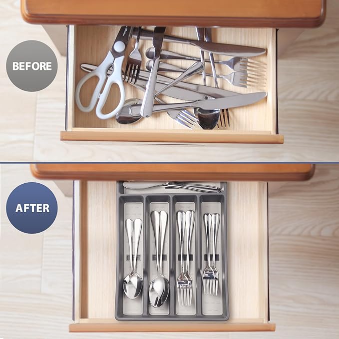 Silverware Organizer with Cutlery Icons,Silverware Tray for Kitchen Drawer,Flatware Tableware Cultery Drawer Organizer Utensil Organizer with Non-slip TPR Linings,Kitchen Organization Essentials