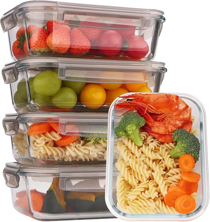 5-Pack Glass Storage Containers with Lids,35 Oz Meal Prep Containers Reusable,Airtight Glass Lunch Containers,for Microwave, Freezer & Dishwasher,Light Gray Leak Proof Locking Lids