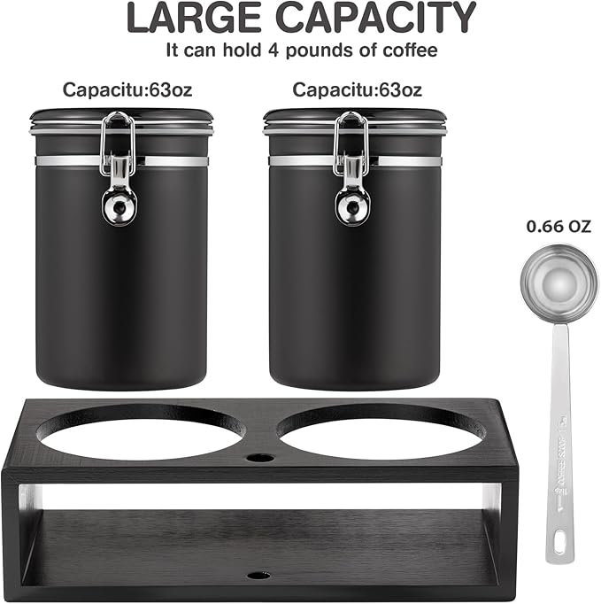 Yangbaga 2x63OZ Sugar Coffee Canisters with Shelf, 304 Stainless Steel Coffee Station Container for Ground Coffee Bean Storage with Airtight Locking Clamp&Scoop, Cereal Containers Storage for Kitchen