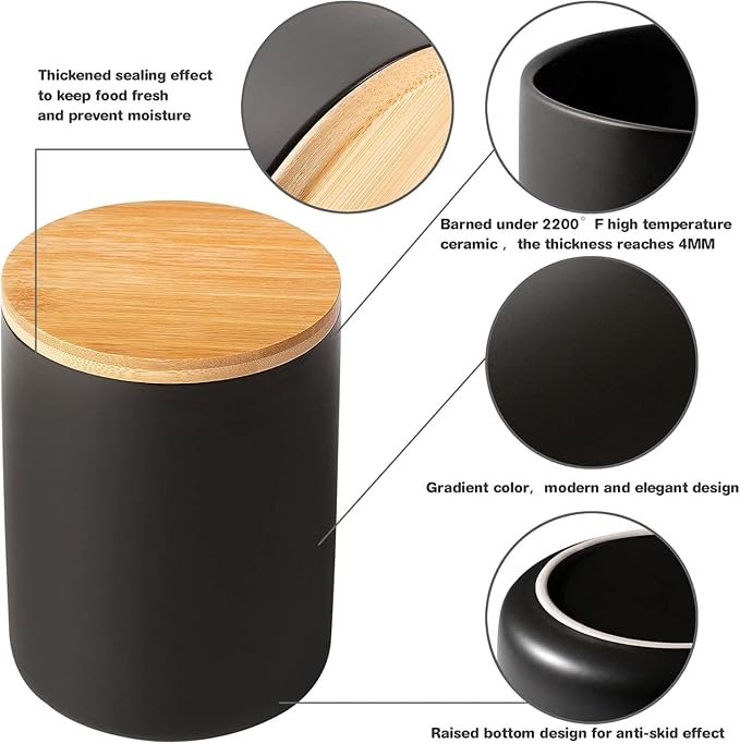 Yangbaga Black Canisters for Kitchen-Kitchen Canisters for Countertop with Airtight Wood Lids/Spoons/Stickers,Ceramic Kitchen Storage Containers for Large Flour,Suger,Coffee(15 OZ)