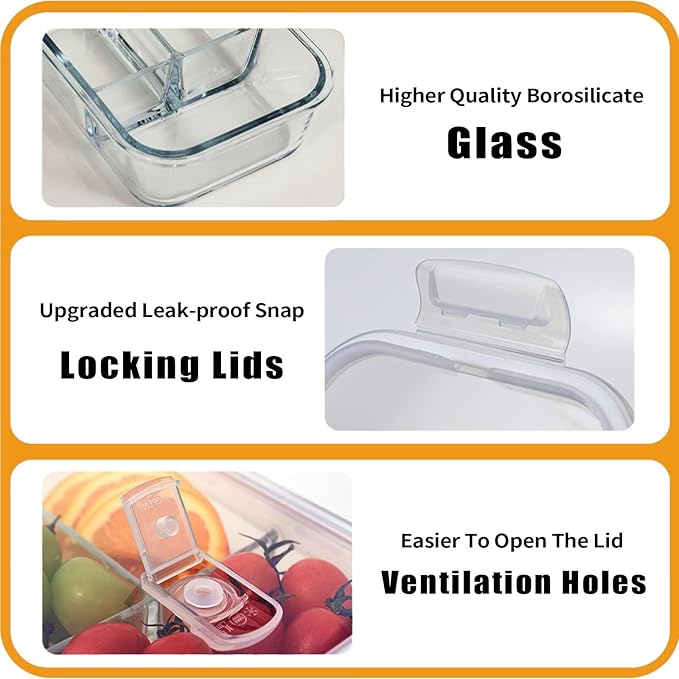 5 Pack 35 Oz Glass Storage Containers with Lids,Meal Prep Containers Reusable,3 Compartment Glass Meal Prep Containers, Food Storage and Portion Control - White