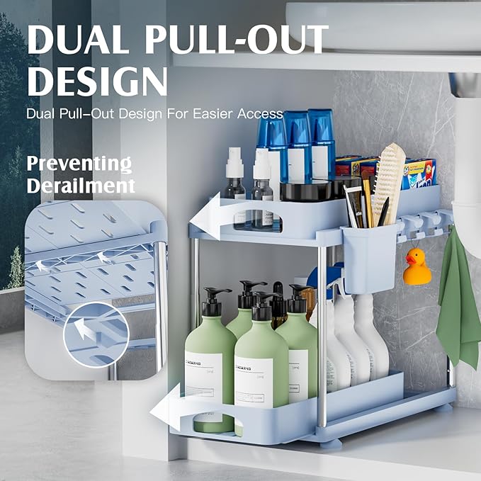 Under Sink Organizer (2 Pack), 2 Tier Under Sink Organizer, Adjustable Height Cabinet Organizer and Storage, in Blue