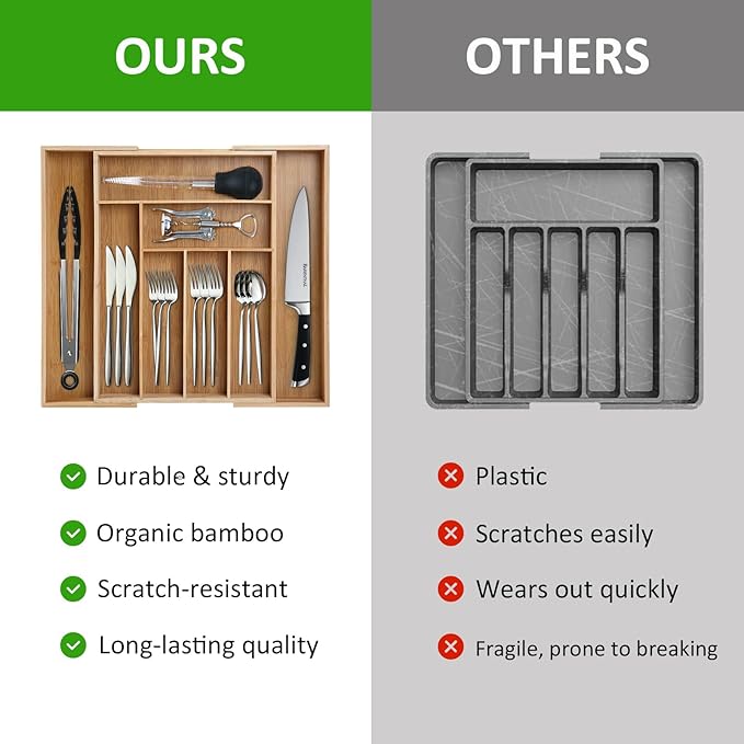 Expandable Silverware Drawer Organizer, Bamboo Kitchen Organizers and Storage, Adjustable Silverware Organizer, Utensil Drawer Organizer for Kitchen Organization (6-8 Slots)