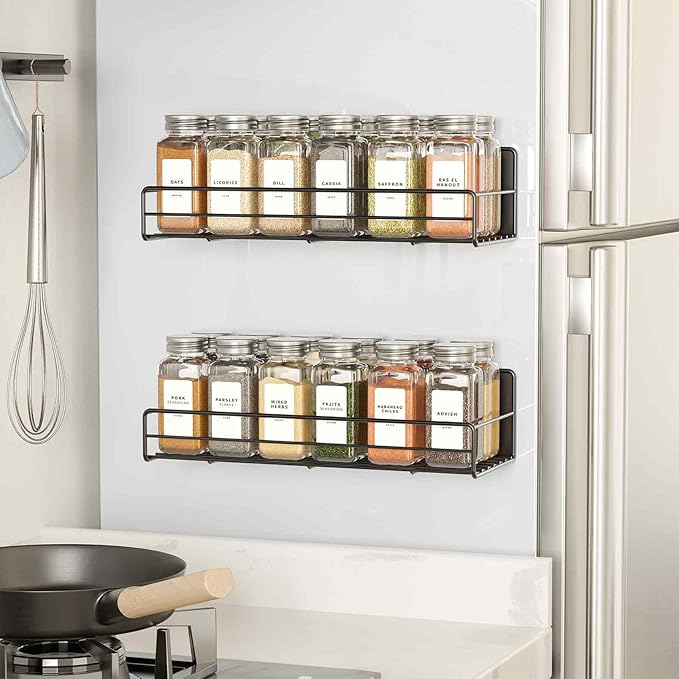 SpaceAid 2 Pack Magnetic Spice Rack with 24 Spice Jars, 400 Labels and Funnel, Space Saving Refrigerator Fridge Oven Shelf Organizer