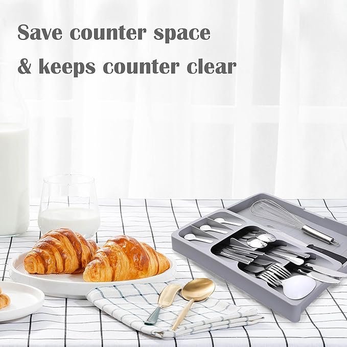 Silverware Drawer Organizer with Expandable Tray for Kitchen Drawer, Adjustable Compact Plastic Kitchen Utensil Storage for Spoons Forks Knives Easy to Access & Save Space