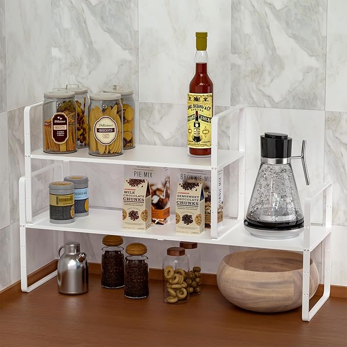 Expandable Kitchen Cabinet Shelf Organizers 2 Pack, Stackable Metal Pantry Storage Shelves Rack, Adjustable Counter Shelf for Cabinets, Countertop, Cupboard Organizers and Storage, White