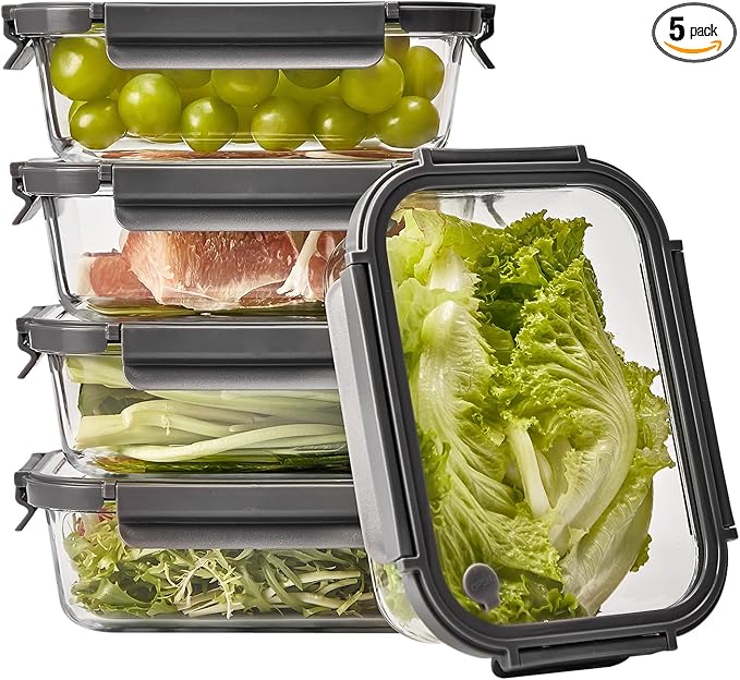 Glass Food Storage Containers with Glass Lids, 5 Pack of 36oz, Glass Meal Prep Container with Airtight Lids, Microwave Safe Food Container Set, BPA Free, LeakProof, Ideal for Lunch