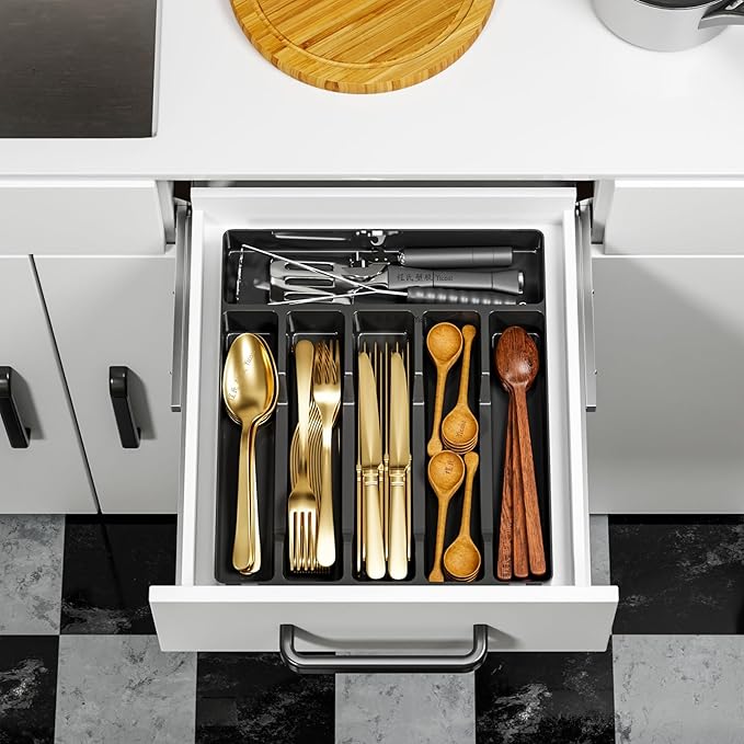 Silverware Organizer for Kitchen Drawers,BPA Free Cutlery Drawer Organizer,6 Slots Plastic Utensils Organizer Suitable as In-Drawer Silverware Holder and Tray,Flatware,Knife,Fork,Spoon Organizer,Black