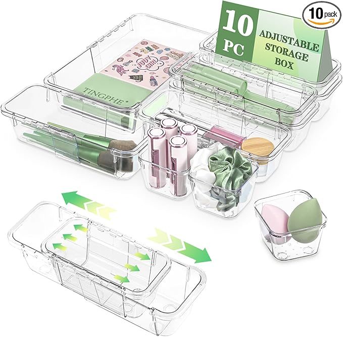 10 Pcs Clear Drawer Organizer, Adjustable Storage Bins (3 Sizes), Desk and Dresser Organizers for Makeup, Cosmetics, Kitchen Utensils, Bedroom, and Gadgets