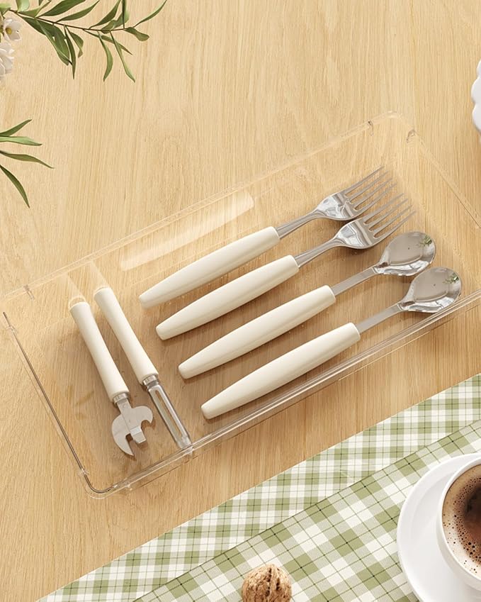 Lifewit Silverware Drawer Organizer, 5.75" x 11.65" Clear Utensil Tray for Kitchen Drawer, Stackable Plastic Flatware and Cutlery Storage Box Divider for Spoons Forks Knives Tools, 2 Pack