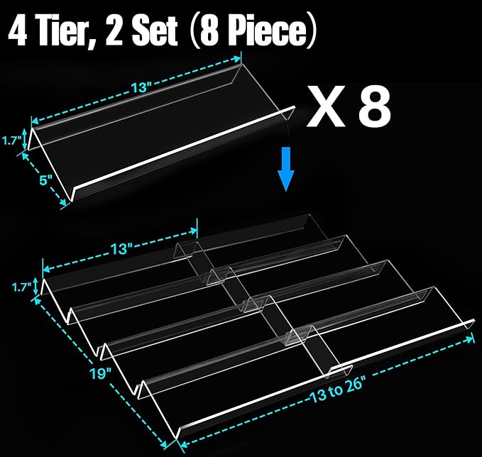 Antimbee Spice Drawer Organizer, 4 Tier- 8 Pack Kitchen Spice Rack Tray for Drawer, Acrylic Seasoning Organizer Rack Expandable From 13" to 26",Holds up 56 Spice Jars (Jars not Include)