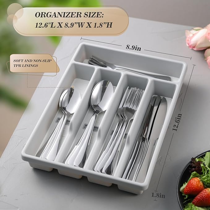 20-Piece Silverware Set with Organizer,Heavy Duty Stainless Steel Flatware Cutlery Tableware Set for 4,Includes 5-Compartment Silverware Tray with Cutlery Icons,First Apartment Kitchen Essentials