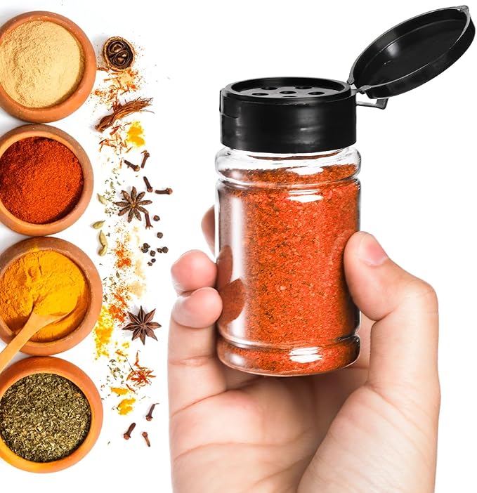 Tosnail 36 Pack 2.7 Oz Small Plastic Spice Bottles with Black Shaker Lids and Labels, Empty Plastic Jars with Lids, Seasoning Shaker Containers for Travel, Camping, Glitter, Gift, Party Favors - Clear