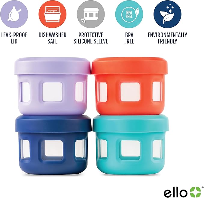 Ello Reusable Condiment Containers 4oz each with Screw-on Leak Proof Lid | Perfect for Salad Dressing Sauce Dips Lunchbox Picnic Travel Bento Box | BPA-Free | Dishwasher Safe