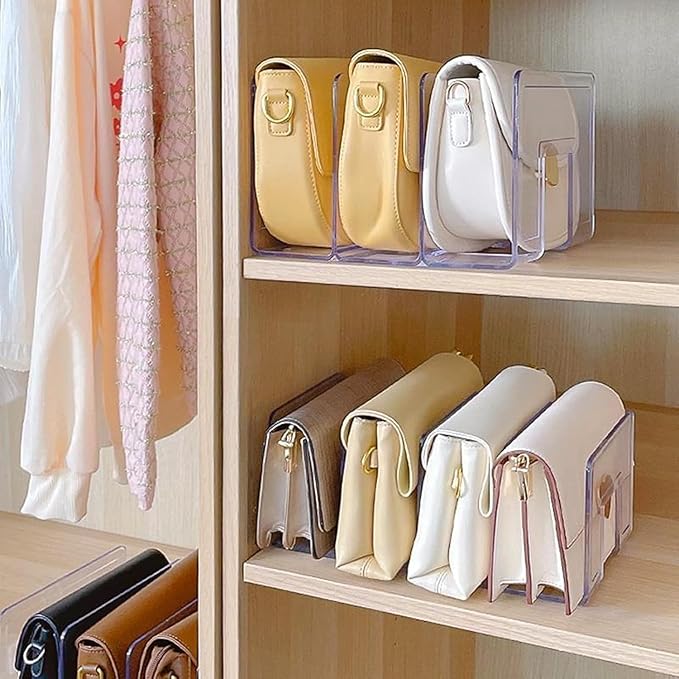 YAGELI Clear Acrylic Purse/Handbag Organizer - 3 Sections Divider for Closet Storage - Sturdy Organizer Rack for Purses, Handbags, and Clutches (4Pack-3Sections)