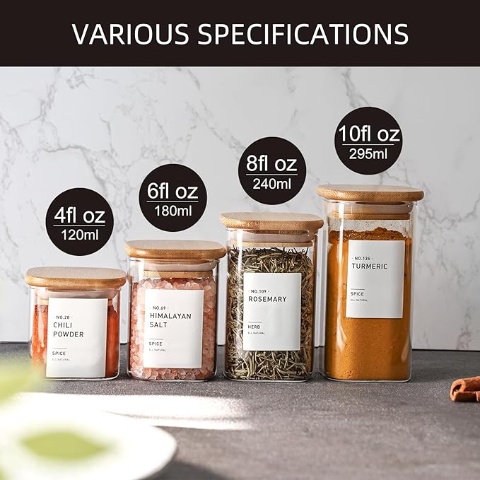 16Pcs Glass Spice Jars with Bamboo Lids, include 4oz, 6oz, 8oz, 10oz Empty Square Containers With 340 Spice Labels Preprinted of White and Black Color, Spice Bottles for Seasoning Organizer