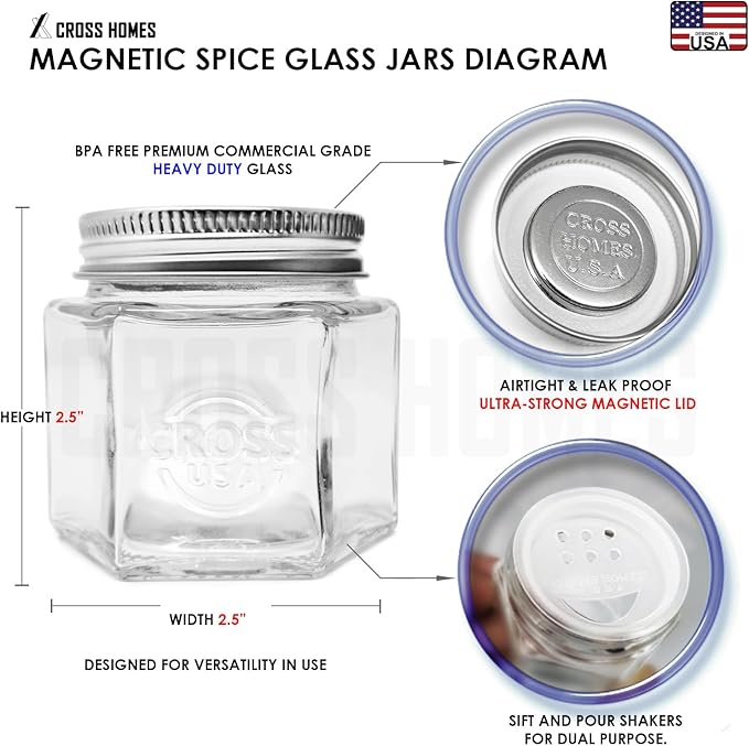 15 Set Magnetic Spice Jars - Large 4 oz Refrigerator Hexagon Glass Spice Containers with Magnetic Lids and Shaker Spice Labels for RV Travel Trailer Kitchen Fridge Cabinet Wall Mount