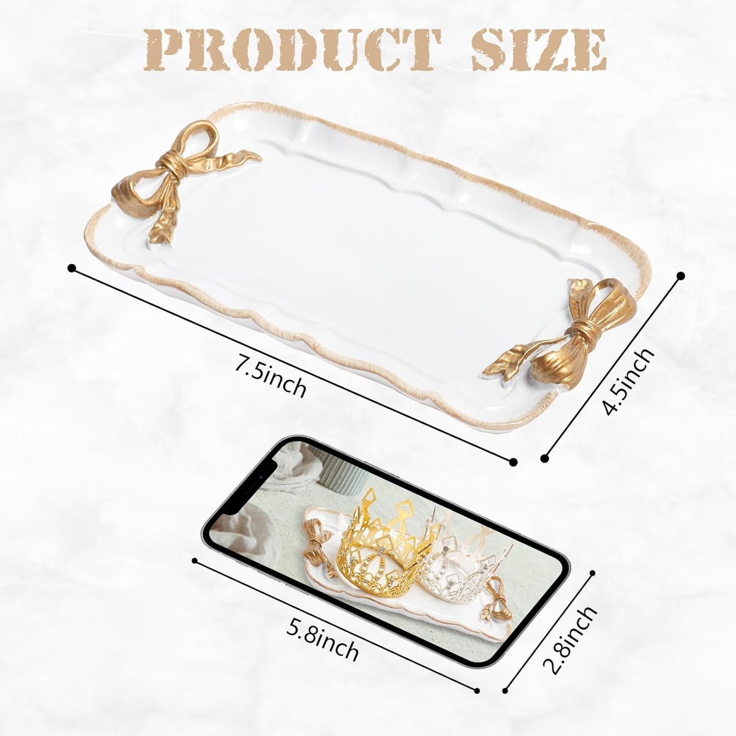 Vintage Decorative Tray Jewelry Tray Towel Tray Storage Tray Rings Necklace Bracelets Earrings Trays Cosmetics Jewelry Organizer Retro Design Bow Decor Resin Plate Coquette Room Decor (White)
