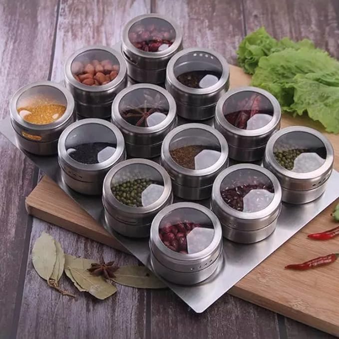 12-Piece Magnetic Spice Jar Set | Kitchen Essentials Seasoning Organizer | Durable Spice Tins with Sift-Pour Lids & Clear Viewing Window | Ideal for Kitchen Refrigerator & Cabinet Organization