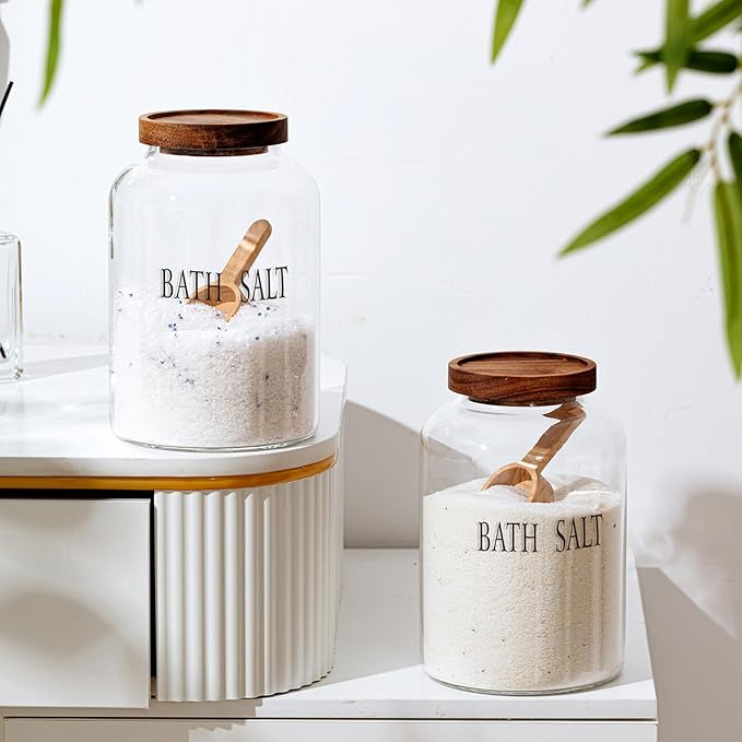 1 Sets 74 oz Large Bath Salt Container with Wooden Scoop for Glass Bath Salt Jar with Airtight Lid Storage Canister for Food, Flour, Sugar, Cookie, Kitchen