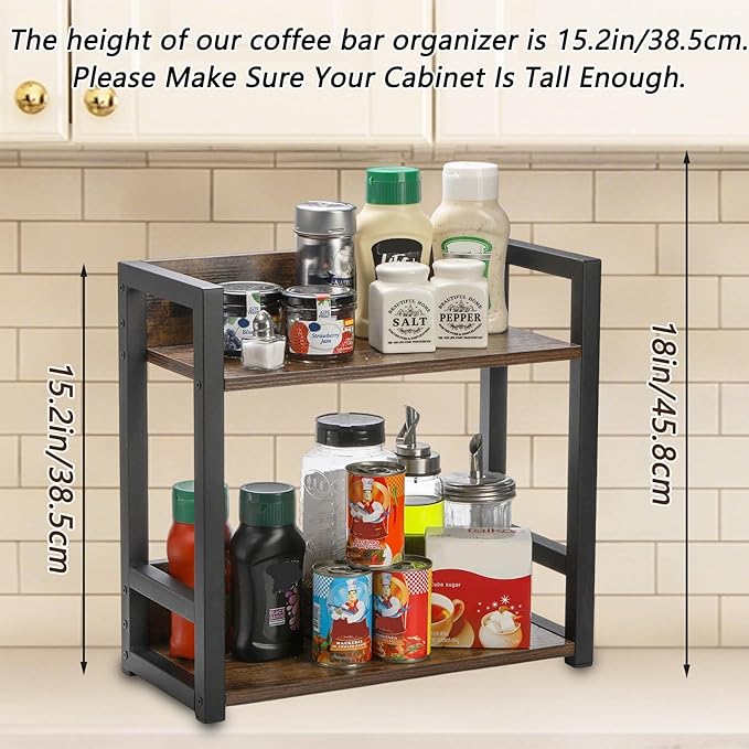 Youeon Wooden Coffee Bar Organizer 15.7x7x15.2 in, 2 Tier Kitchen Countertop Organizer for Coffee Bar Accessories, Wooden Shelf for Spice Jars, Condiment, Syrup Bottles, Kitchen, Office