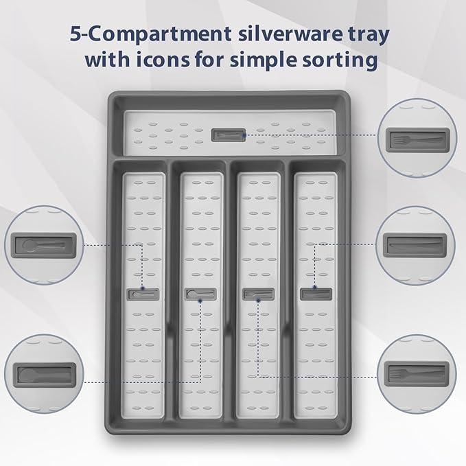 Silverware Organizer with Cutlery Icons,Silverware Tray for Kitchen Drawer,Flatware Tableware Cultery Drawer Organizer Utensil Organizer with Non-slip TPR Linings,Kitchen Organization Essentials