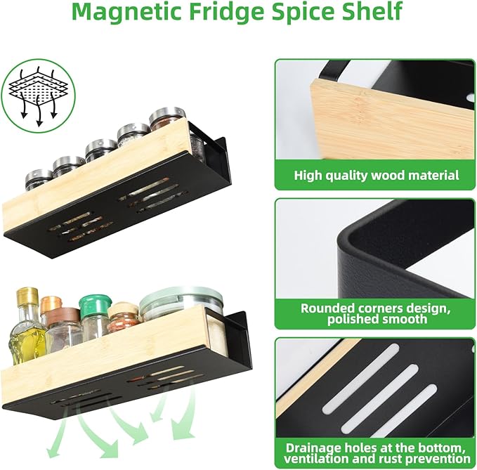 OTraki 4 Pack Strong Magnetic Spice Rack for Refrigerator Wood & Metal Magnetic Shelf for Fridge Spice Storage Rack Kitchen Cabinet Organizers Seasoning Storage Paper Towel Holder with 5-Hook Rack