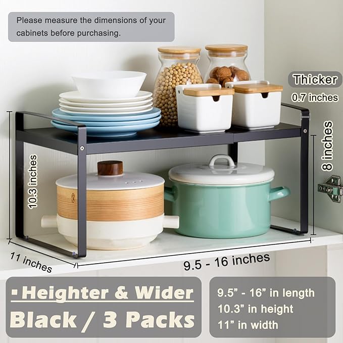 3 Pack Expandable Cabinet Shelf Organizer Kitchen Shelf Riser Stackable Pantry Shelves Kitchen Organizers and Storage Metal Spice Rack Countertop Organizer Cupboard Adjustable Shelfs Desk Rack Shelf