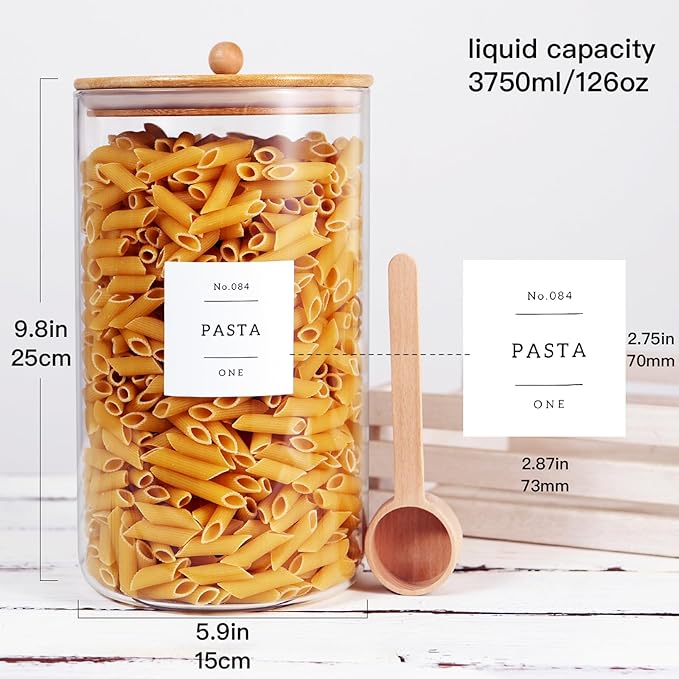2 Pcs Large Jar with Lid for Kitchen Counter with 132 Pantry Labels and Spoon,Glass Canister Food Storage Container, Flour Container, Kitchen Storage Jars for Candy, Cookie (126oz X 2)