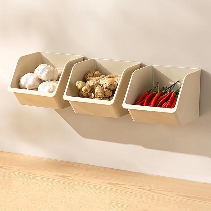 6-Pack Small Beige Storage Baskets, Plastic Storage Bins Kitchen Wall Organizer and Storage Shelves, Spice Organizer, Adhesive Spice Rack Wall Mount for Countertop/Cabinet/Bathroom